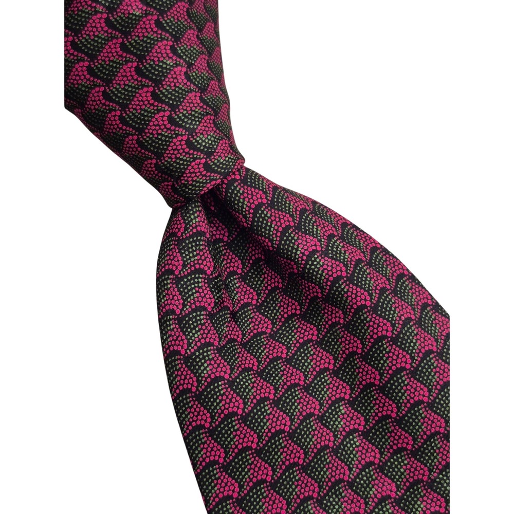 Brioni Men Silk Tie Pink Green Black Geometric Scale Pattern Italy Luxury VTG